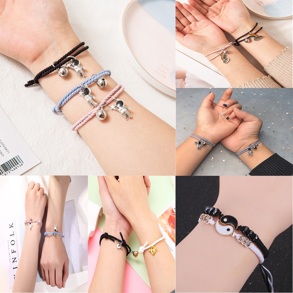 【Dikirim Dalam 24 Jam】2 Buah/Set Gelang Couple Magnet Liontin Pelangi Gelang Magnet Astronot Pola Ka
