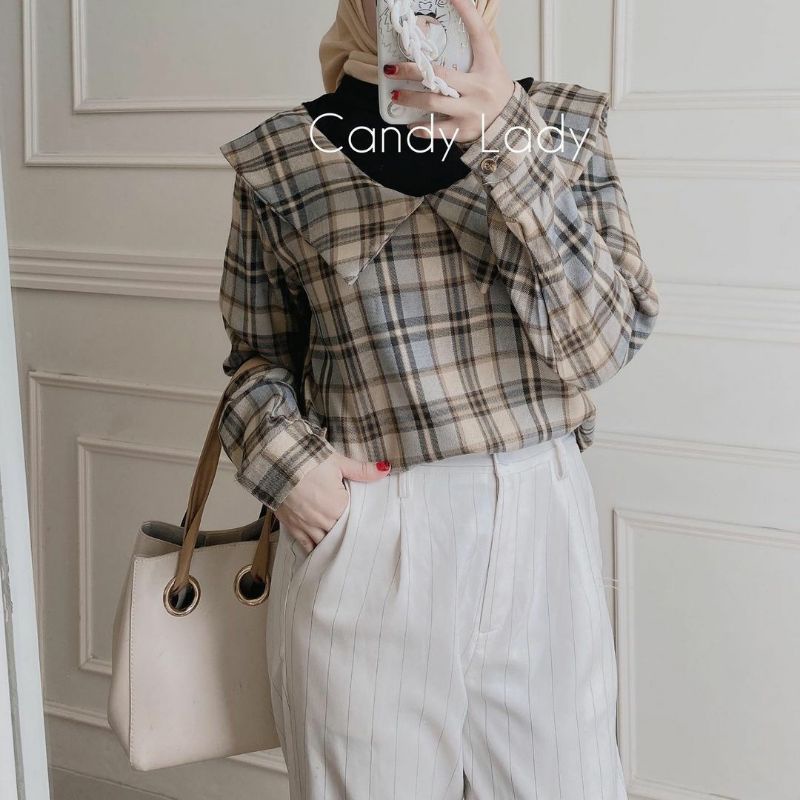 Cesika Peterpan Import Blouse by candyladystore l Kemeja Flanel Import Mix Knit l Flanel Kombinasi R