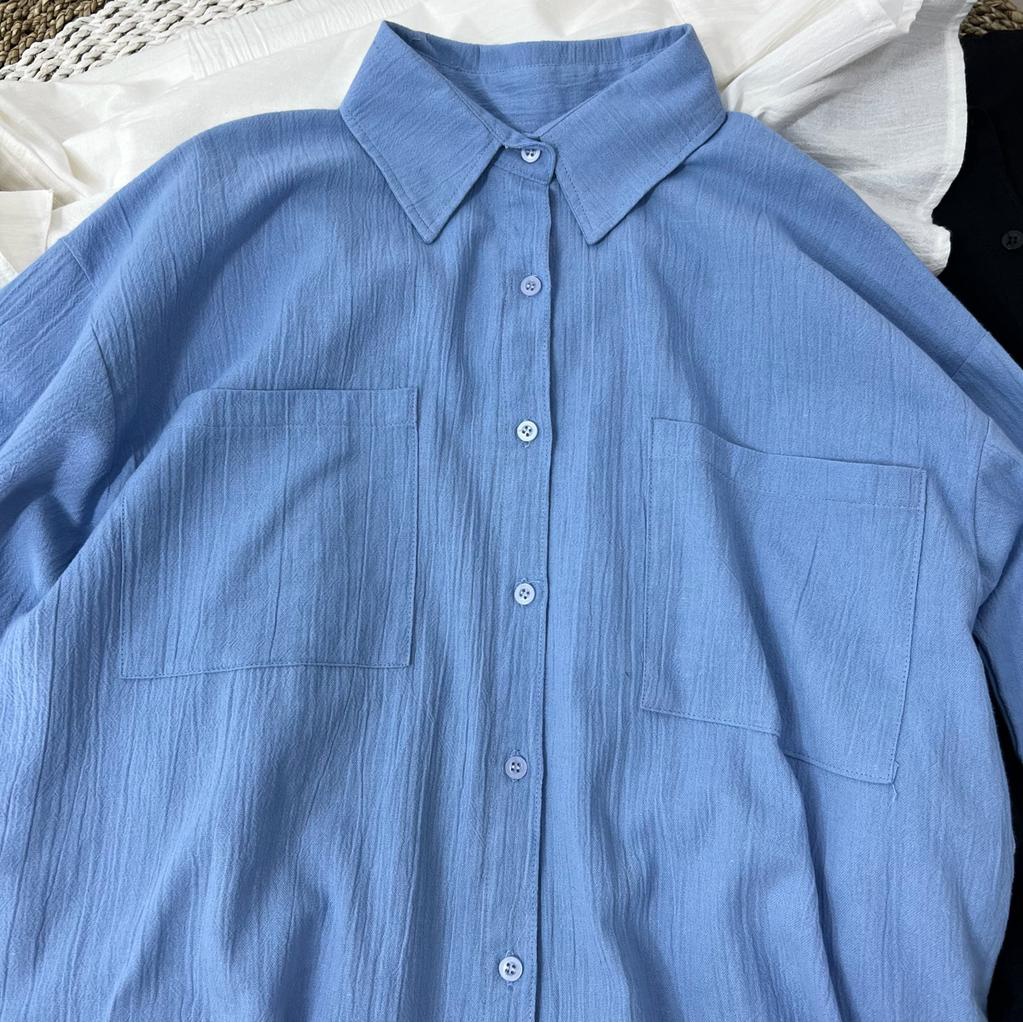 Kemeja Lengan Panjang Gaya Wanita Korea Bahan Linen Crinkle