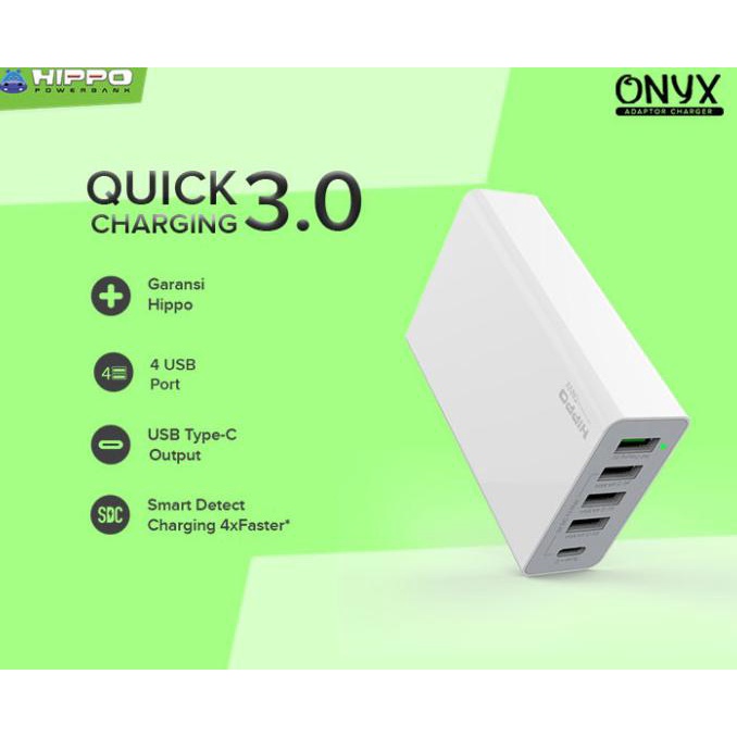 Spesial Hippo Onyx Smart Travel Charger 5 Port Quick Charge 3.0 Simple Pack - White Bagus