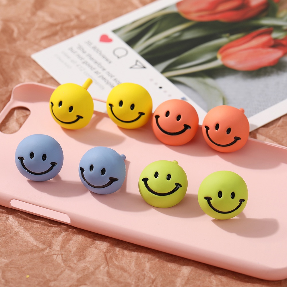 Anting Stud Geometris Desain Smiley Warna Macaron Gaya Korea Untuk Wanita