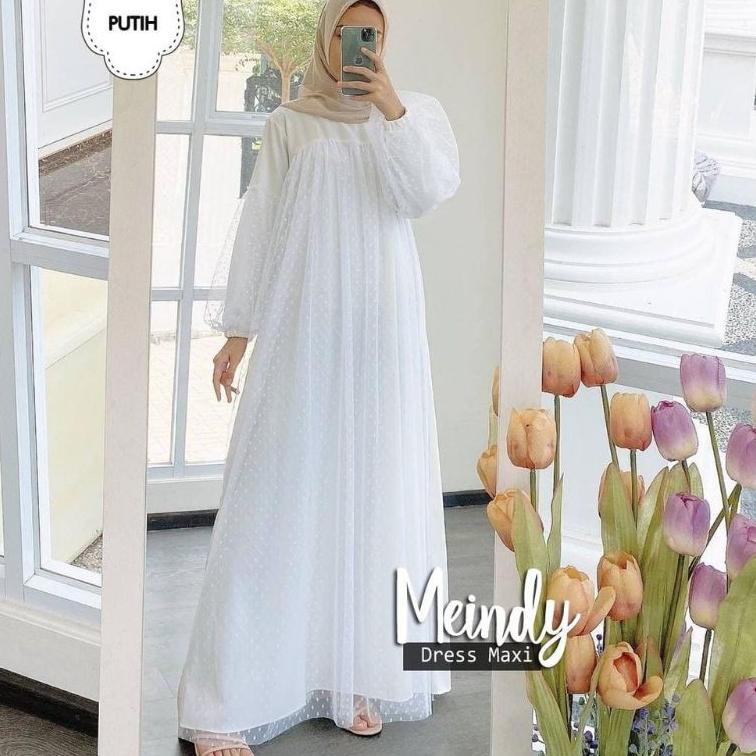 Gamis Putih Tile Dot Pesta Brukat Ungu Lebaran Borkat Gamis Lilac Polka Dress Idul Adha Maxi Meindy