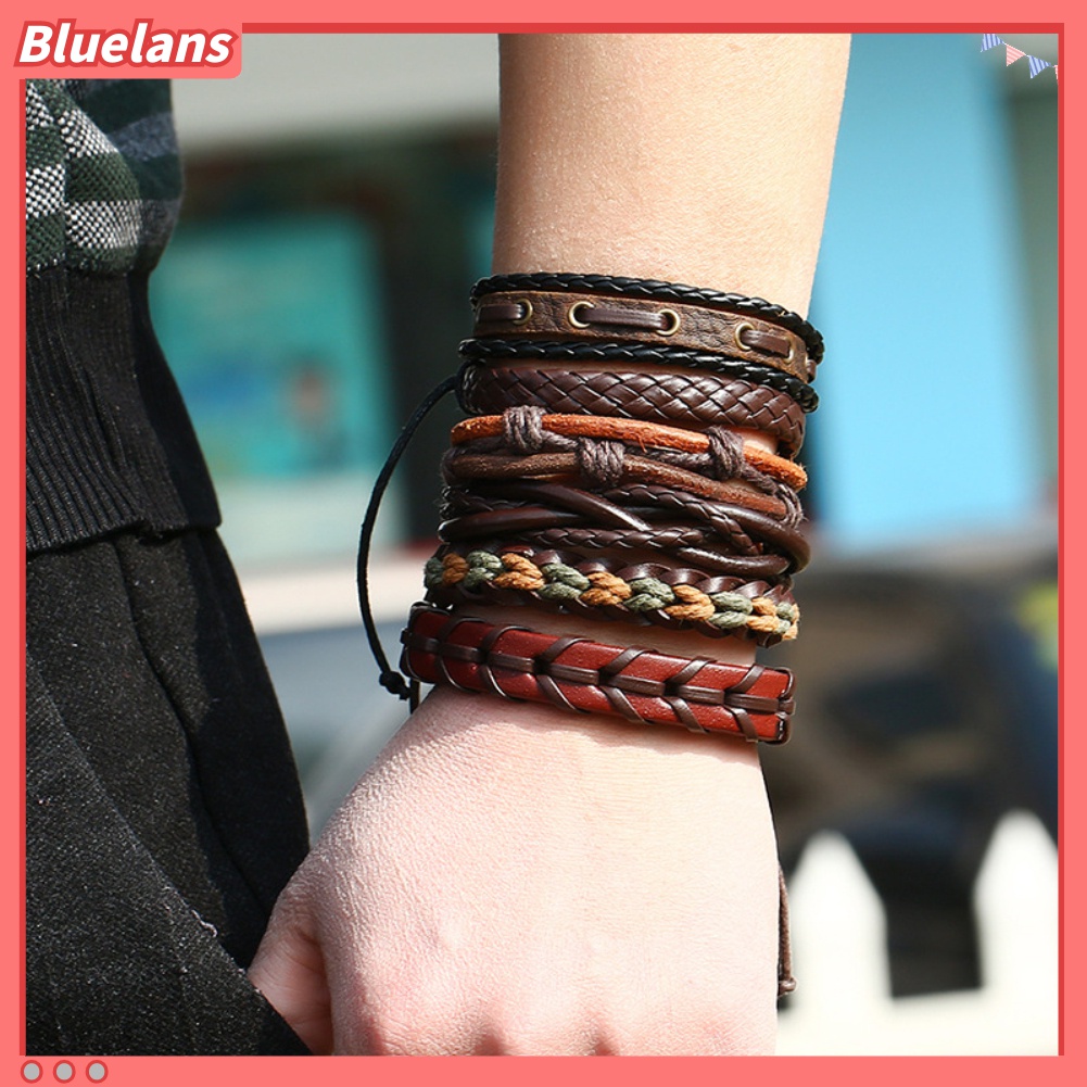 Bluelans 6Pcs / Set Gelang Tali Kepang Bahan Kulit Imitasi Gaya Vintage Untuk Pria