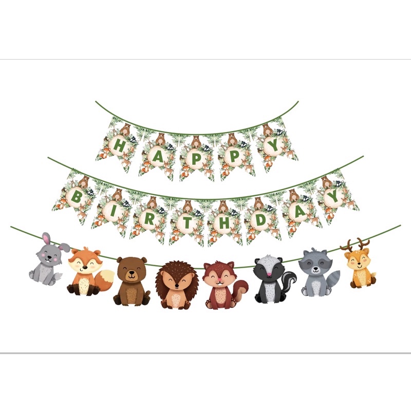 Banner Happy Birthday karakter fox landak tupai kelinci animal woodland