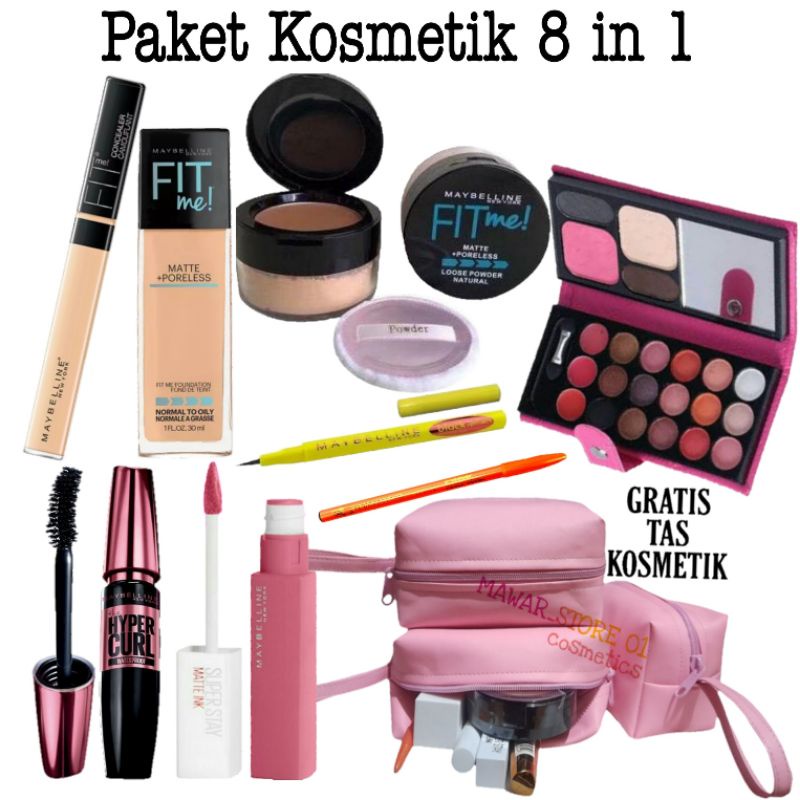 Paket Kosmetik Maybelline Lengkap 8 In 1 / Paket Make Up Lengkap Murah / Kosmetik Maybelline Fondation Concealer  Fitme + Bedak Tabur Fit Me