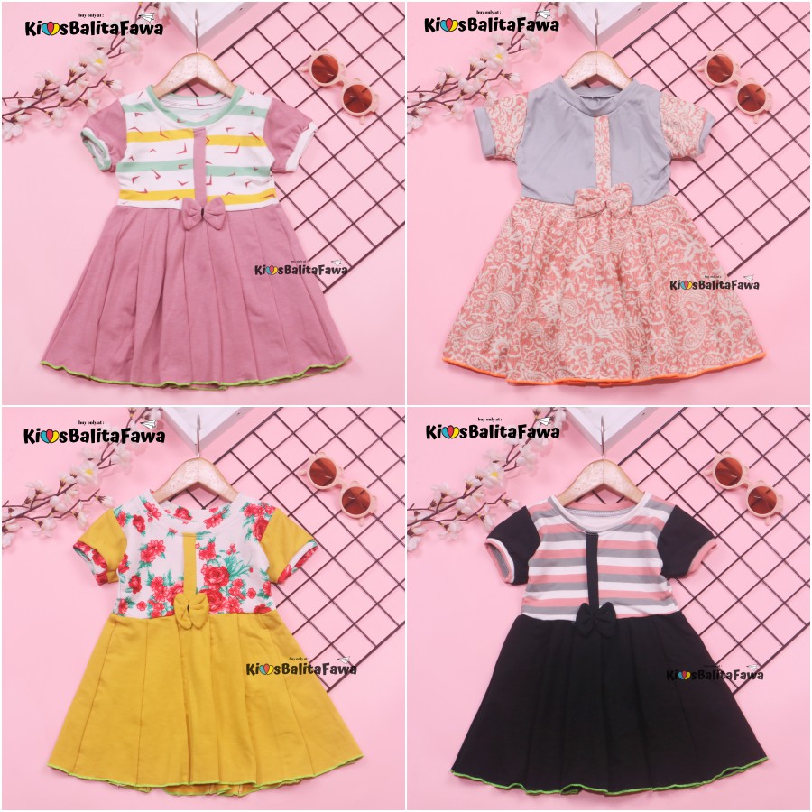 Dress Jasmine size 0-12 Bulan / Dres Bayi Baby Anak Perempuan Baju Lengan Adem Pita Motif Polos BabyCinnamon