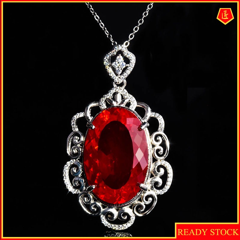 [Ready Stock]Emerald Pigeon Blood Red Colored Gems Pendant Luxury Full Diamond Necklace