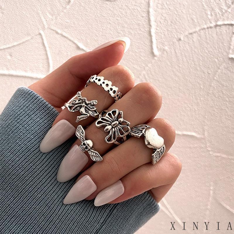 【COD】5pcs / Set Cincin Model Terbuka Desain Kupu-Kupu Hati Hollow Out Gaya Vintage