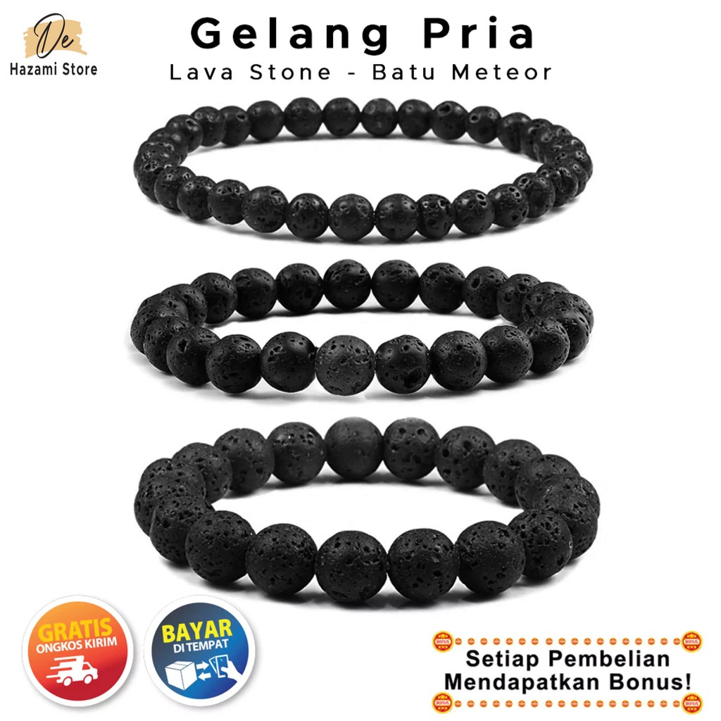 BISA COD Gelang Pria Batu Akik Lava Stone Meteor Distro Keren Casual Hitam Tali Elastis Korea