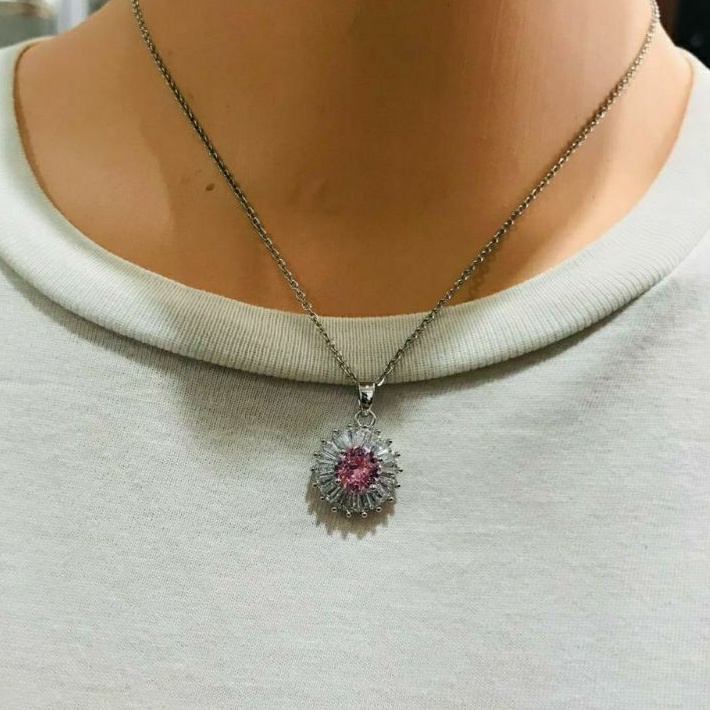 GG Kalung Liontin Batu Zicron Bulat Titanium