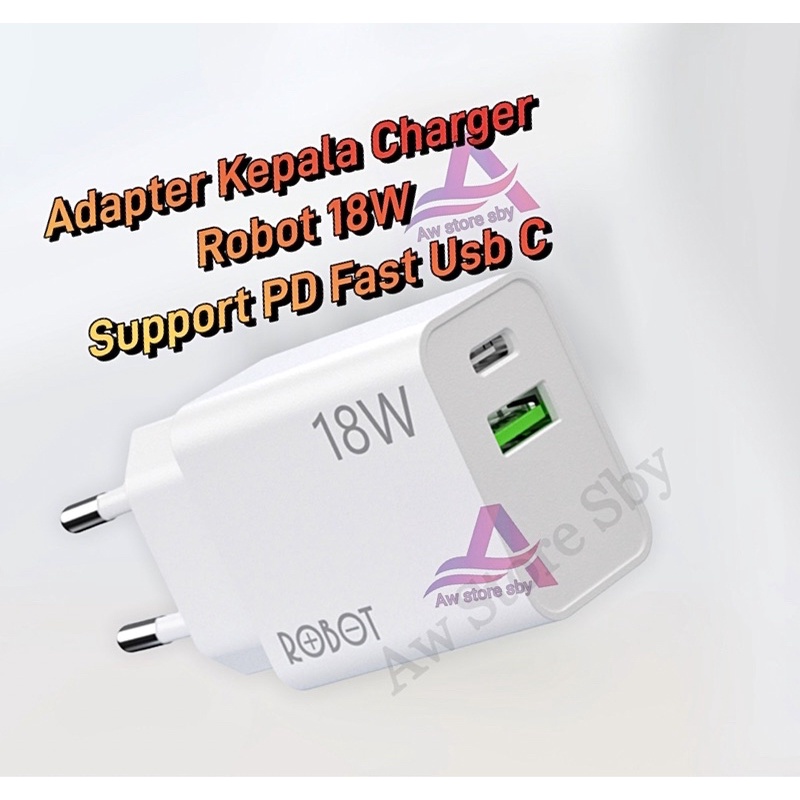 (Robot RF2) Original Adaptor Kepala Charger 18W QC3.0 + PD Fast Usb C Adapter Charger Robot Compatible XR/ XS Max/ 11 Pro