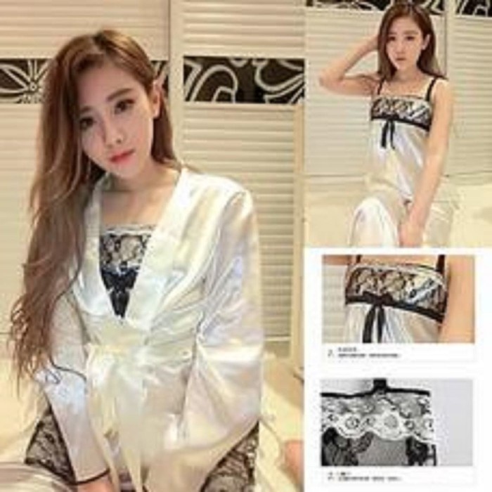 F481 Sleepwear Kimono Set Smeda BC Setelan Baju Tidur Perempuan Piyama Pajamas Wanita Satin White