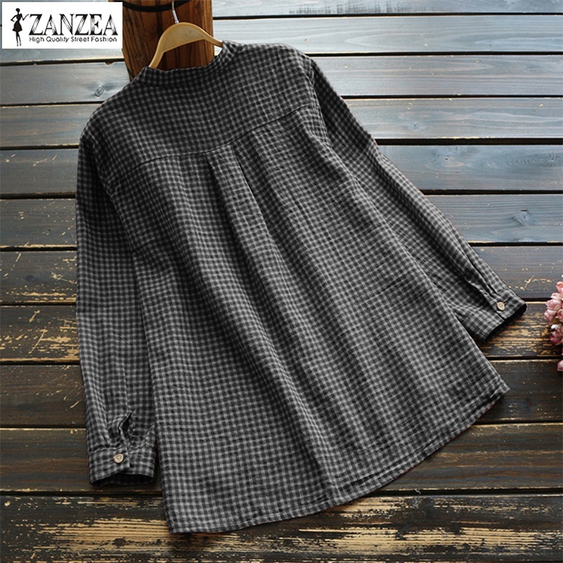 ZANZEA Women's Plus Size Button Up Long Sleeve Plaid Blouse