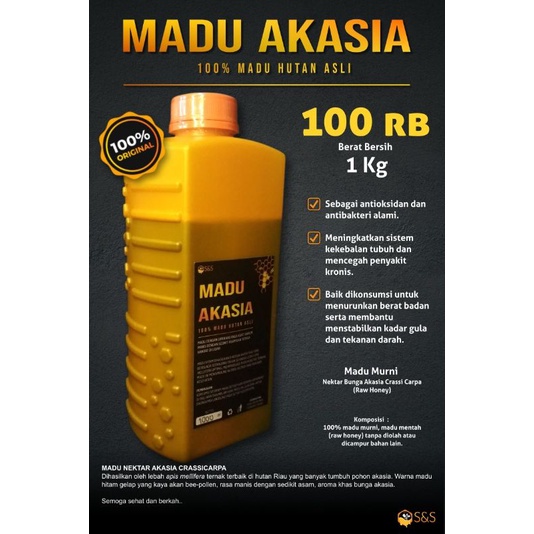 

MADU AKASIA 1 KG, MADU HUTAN, NEKTAR AKASIA CRASSICARPA, MADU MURNI