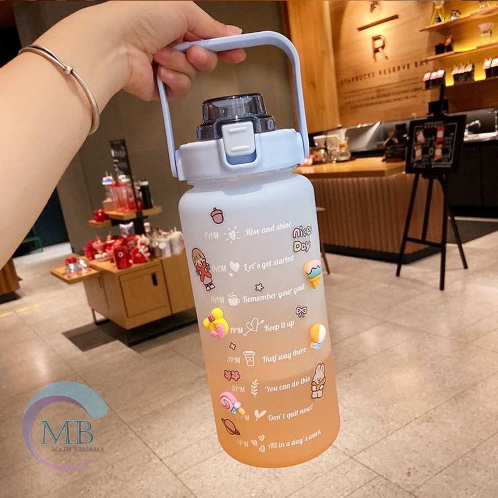 RT61 BOTOL MINUM TUMBLER KOREA WARNA GRADASI PELANGI PENANDA WAKTU UKURAN BESAR 2 LITER 2000 ML 2 L MB2767