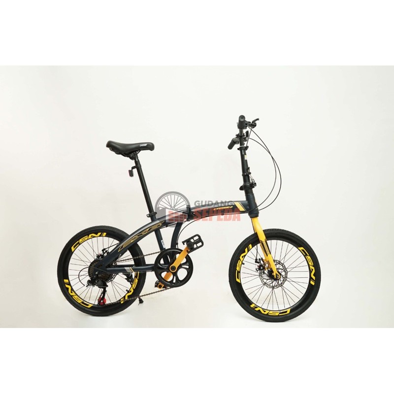 Khusus Gojek/Grab Instan Sepeda Lipat Trex Cassini 20 inch 7 speed SNI termurah COD kredit murah cakram rem mirip noris folding-Black - Yellow