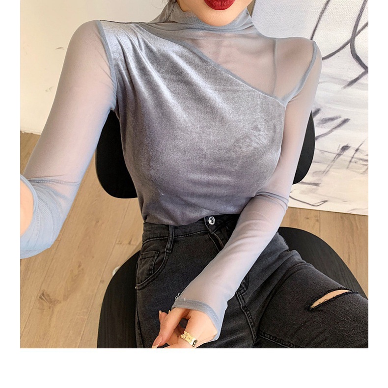 Korean Lace Half Turtle Neck Bottoming Shirt Atasan Wanita Renda Setengah Lengan Panjang 2587