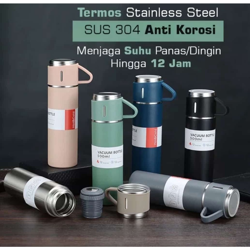 Botol Minum Termos 500ml Vacuum Cup 1 Set Stainless-Termos Cangkir 1 Set Premium - Vacuum Flask Thermos Vakum Bisnis-Termos Vaccum Bottle 500ML Flask Panas Dingin Bonus 2 Gelas