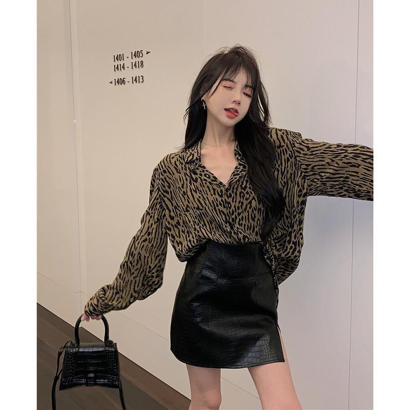 Leopard Print Kemeja Wanita Longgar Hong Kong Gaya Retro Lengan Panjang Jaket Awal Musim Gugur Gaya Malas Super Hot Goreng Street Chic Temperamen Top