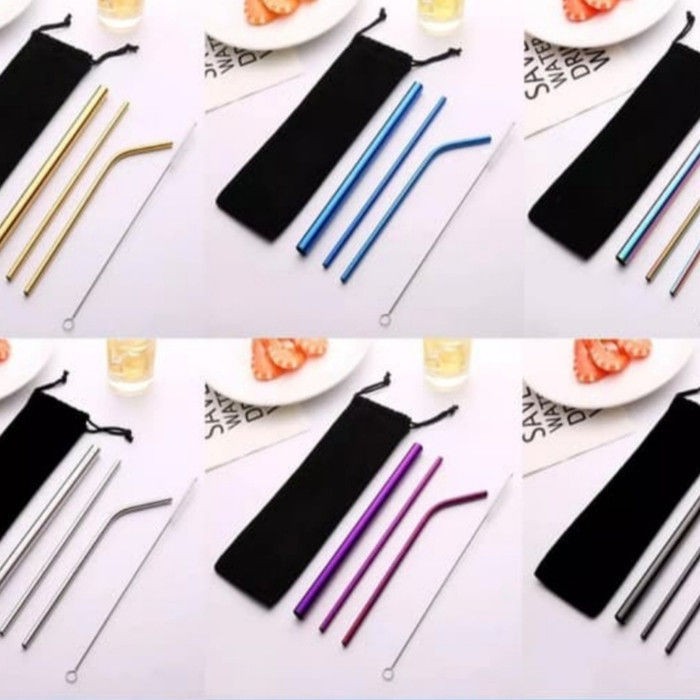 Set Sedotan Stainless Stell Straw Set 5 In1 Pipet Sedotan Stainless