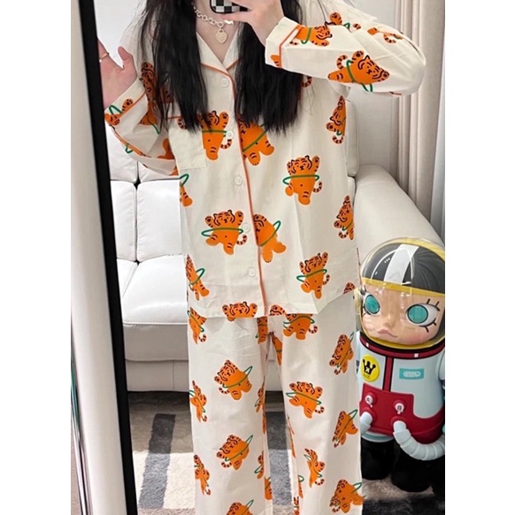 [READY STOCK] HORANGHAE TIGER PAJAMA piyama tidur lengan celana panjang kerah kpop treasure gaya model wanita korea lucu motif binatang harimau seventeen hoshi be the sun