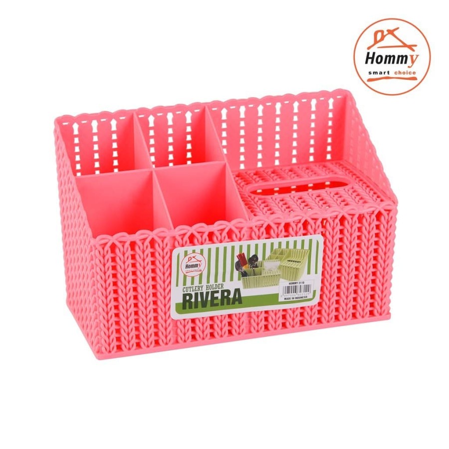 Tempat Sendok 4 Sekat dan Tissue Kosmetik Rivera Cutlery Holder Model Rotan Anyam Tempat Sendok Serbaguna Hommy / Tempat Tissu Tisu