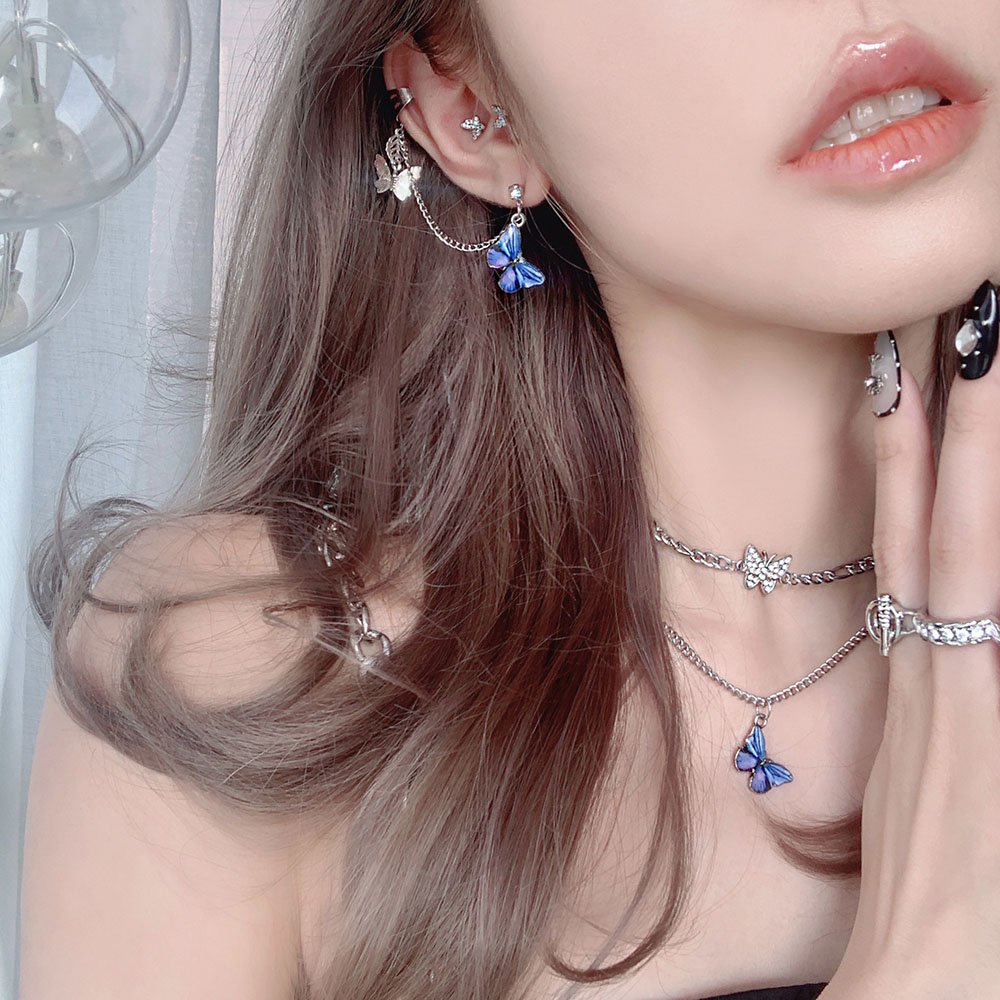 1Pcs Three-dimensional Butterfly Earrings for Women Korean Personality Ear Clip Integrated Tassel Chain Ear Jewelry