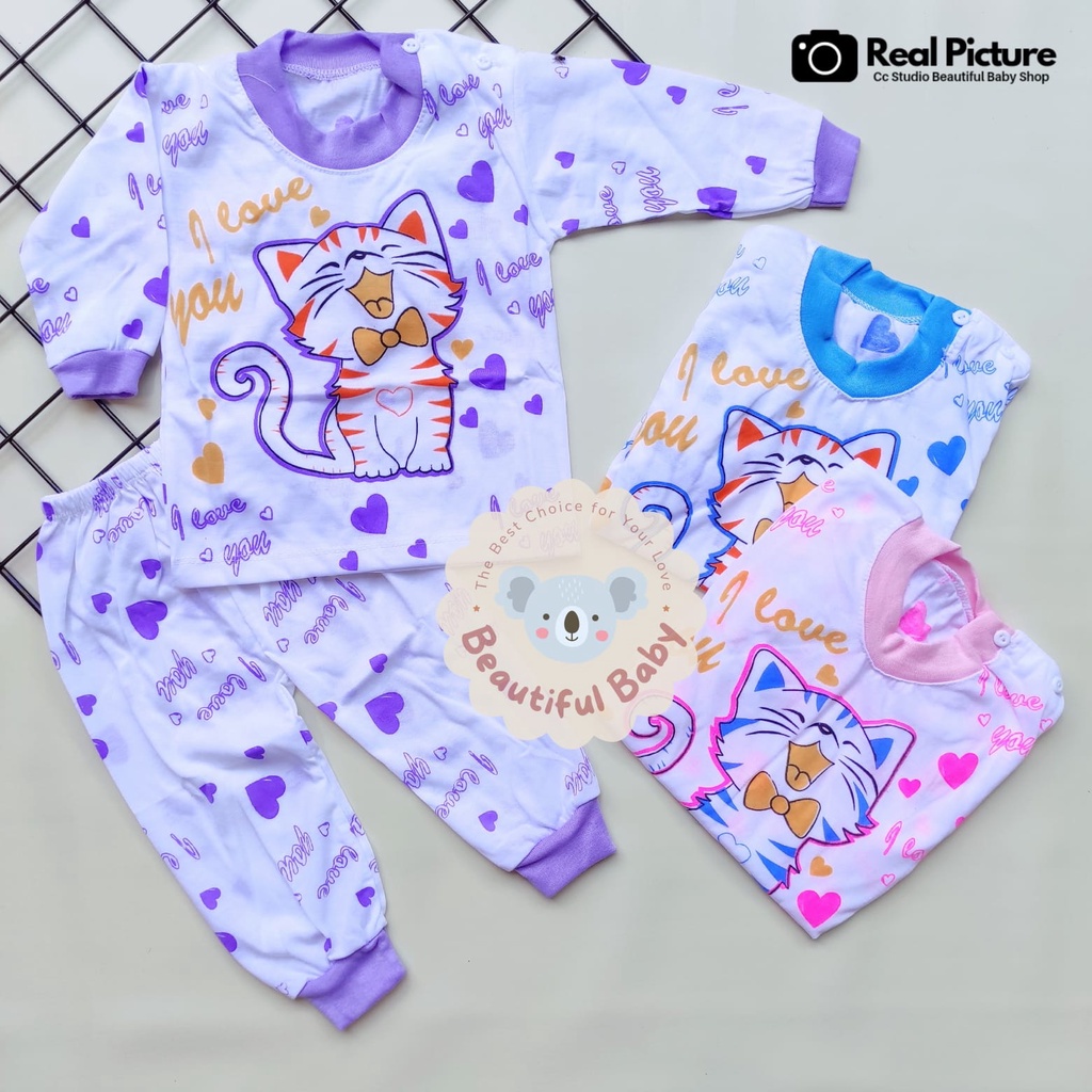 Baby.ou - Setelan Baju Bayi Lengan Panjang Celana Panjang Motif Cat Love / Setelan Piyama Bayi Perempuan / Baju Bayi Panjang / Baju Tidur Bayi Perempuan