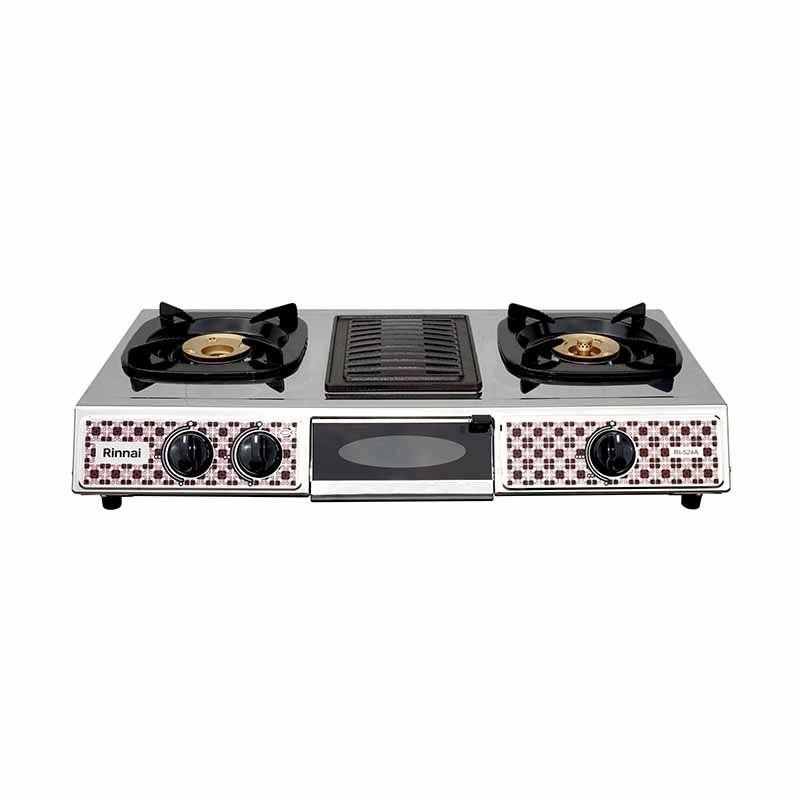 RINNAI KOMPOR GAS 2 TUNGKU GRILL PAN STAINLESS STEEL RI 524 A/RI-524A API LILIN GARANSI RESMI