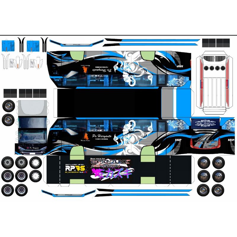Lembaran Pola Papercraft Bus Po Haryanto Black Blue REXUS Skala 1:50
