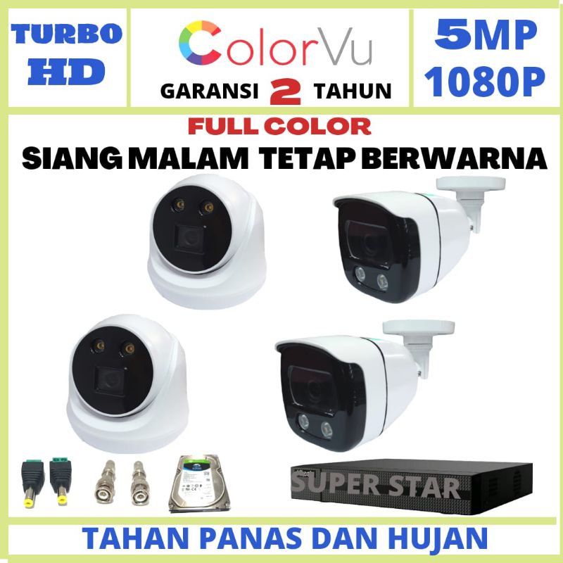 PAKET CCTV COLOR VU 4 CHANNEL 4 KAMERA LENSA 5MP 1080p CHIPSET SONY XMORE TURBO HD INDOOR + OUTDOOR