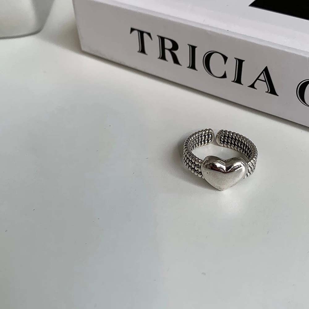 Cincin Model Terbuka Desain Hati Hollow Lapis Silver Gaya Retro Untuk Wanita