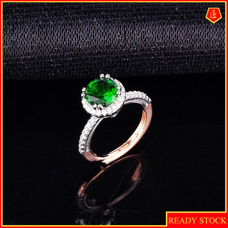 [Ready Stock]Inlaid Emerald Rose Gold Two-Tone Ring Ins Fashion