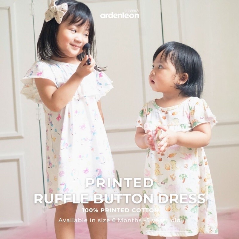 ArdenLeon RUFFLE BUTTON DRESS PRINTED / Arden Leon Dress Motif Bayi Anak Perempuan