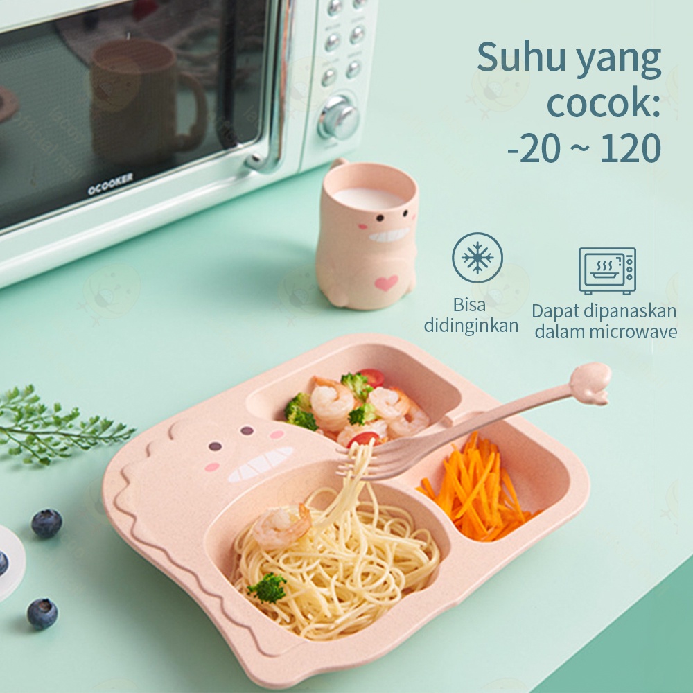 Lacoo Set tempat alat makan bayi Dinosaurus Peralatan piring makan bayi anak BPA Free