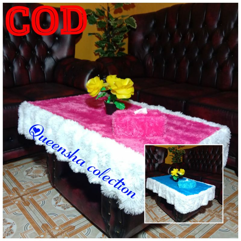 cod / Taplak meja bulu rumbai + sarung tisu / Taplak meja bulu rumbai / Taplak meja rumbai bulu / Ta