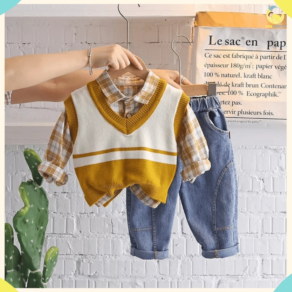 Babylovanta - Setelan anak laki laki panjang Motif VEST YELLOW 3in1 /Baju keren 0-5 Tahun/Baju baby impor premium