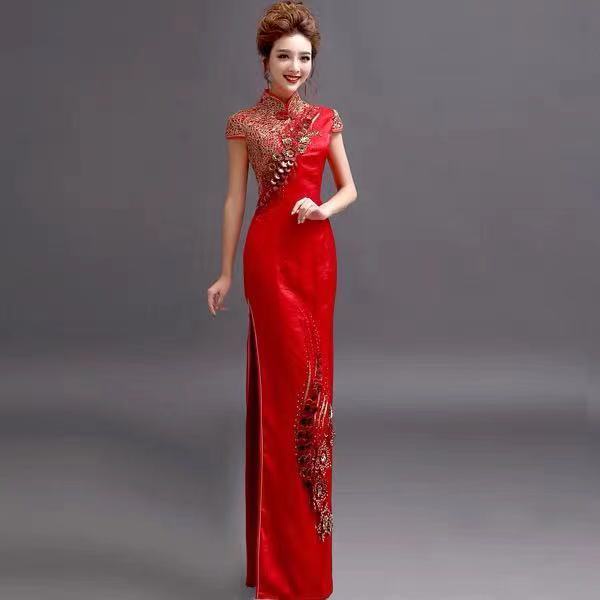 2020 new golden Lace Flower Bride Wedding Toast dress wedding red cheongsam dress bride performance