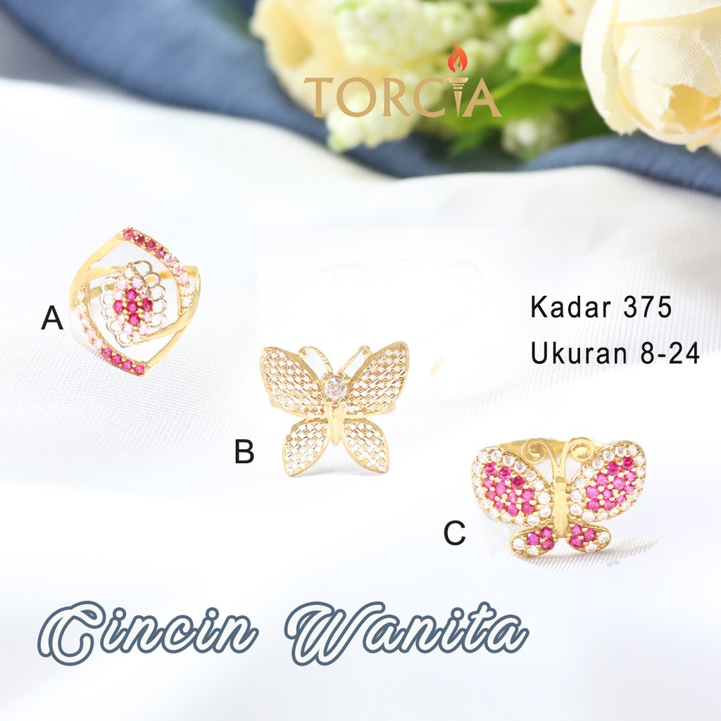 Cincin Emas Asli Motif Kupu-kupu Mewah Kadar 375 Torcia