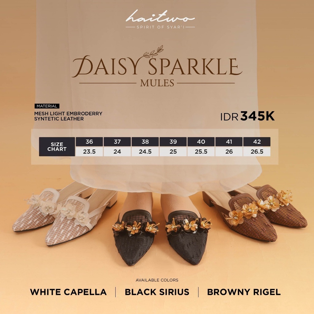 Haitwo Slip on Daisy Sparkle Mules Sepatu Cantik Bahan Mesh Light Embroderry Synthetic Leather