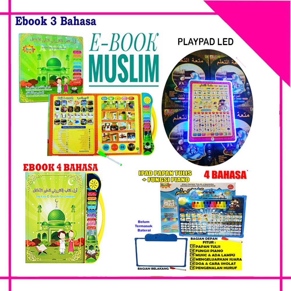 E Book Muslim 4 Bahasa + LED e-book Mainan Anak Buku Pintar Ebook Buku Muslim Elektronik PLAYPAD