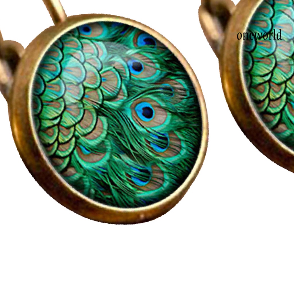 OW# 1 Pair Earrings Glass Cabochon Dangle Peacock Pattern 2 Colors Vintage Leaverback Earrings for Gift