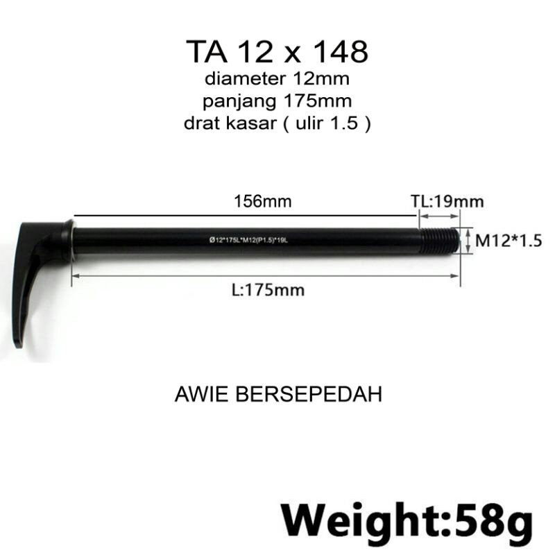 TA 12 x 148 boost panjang 175 mm drat kasar thru axle