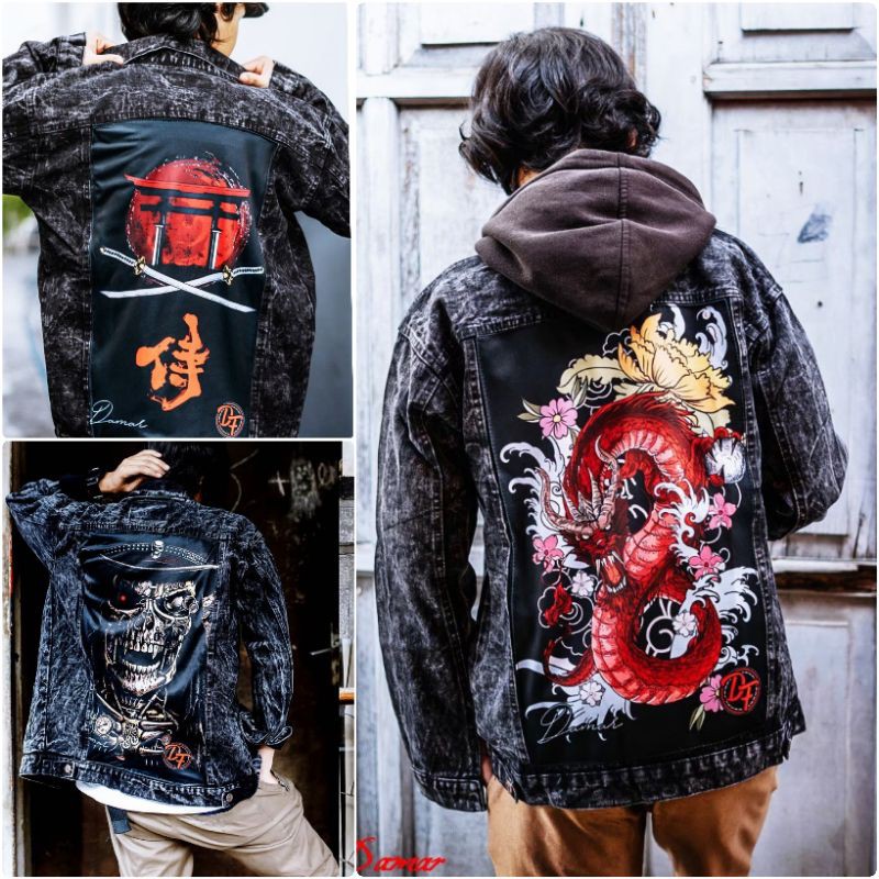 JAKET JEANS GAMBAR BELAKANG DENIM PRIA PRINT FULL PATCH EMBLEM PREMIUM JACKET SOBEK COWOK JEKET NAGA