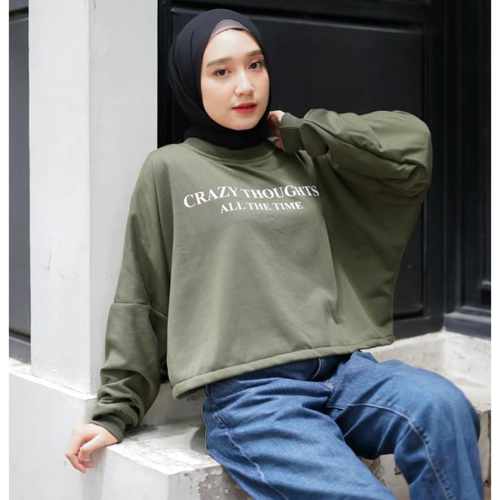 (REAL PICT) CRAZY THOUGHTS SWEATER WANITA BEST SELLING OVERSIZE BATWING Crop