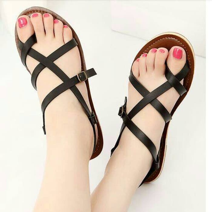 Sandal flat tali ZARA wanita hitam casual lucu santai pesta modis promo