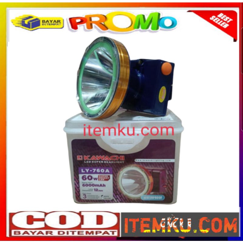 Kawachi 760 senter kepala cas waterproof 60watt led putih super terang original lampu senter camping