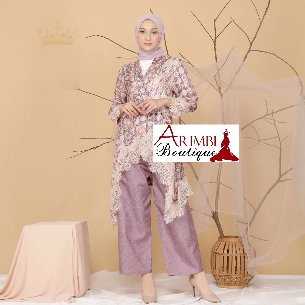 SETELAN BAJU BATIK WANITA OUTER SET KIMONO CELANA KULOT LACE BATIK SET BATIK VISCOSE RENDA LACE SERI