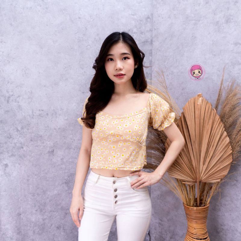 blouse flower floral Korean lengan pendek puff CROP NICOLE TOP DAISY bunga