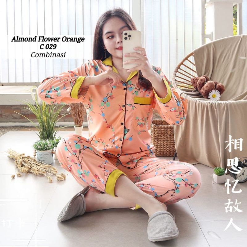 baju tidur piyama dewasa LENGAN PANJANG L muat bb 55 kg setelan piyama baju tidur-Flower almod ppl
